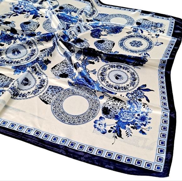 💖 2/$30 Satin Floral Nautical White Blue neck hair head bandana square scarf - Picture 8 of 13